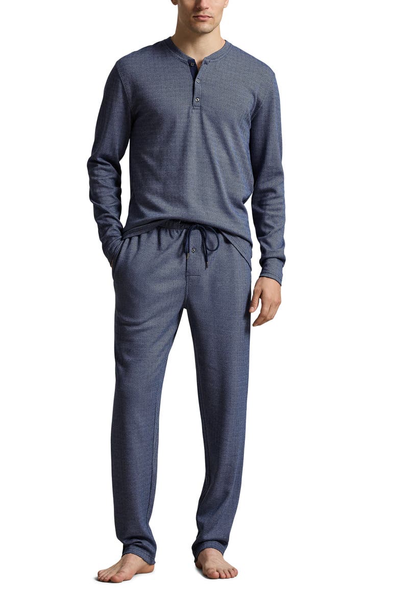 Herringbone Long Sleeve Henley Sleep Shirt, Main, color, NAVY HERRINGBONE STONE
