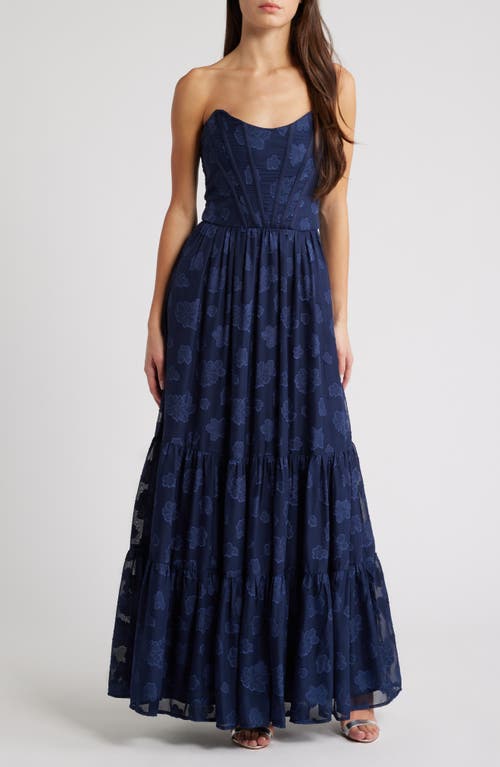 Lulus Gracefully Elegant Embroidered Corset Gown in Navy Blue 