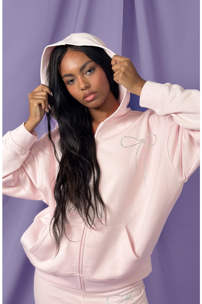 Crystal Bow Front Zip Hoodie, Alternate, color, BALLET SLIPPER