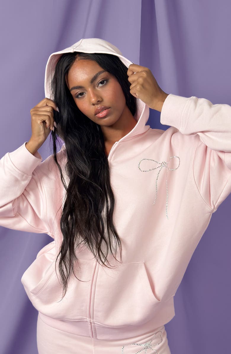 Florence by Mills Crystal Bow Front Zip Hoodie, Alternate, color, Ballet Slipper