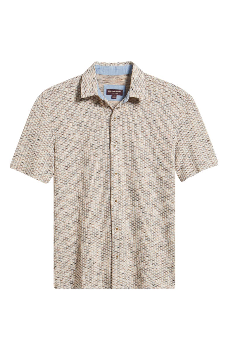 Johnston & Murphy Linden Textured Short Sleeve Button-Up Shirt, Main, color, Ivory/ Brown Stripe