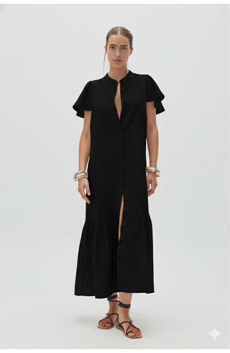 LANHTROPY Willow Linen Dress, Main, color, Black