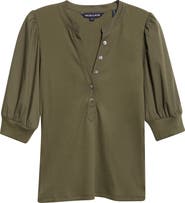 Veronica Beard Coralee Puff Sleeve Mixed Media Henley Top