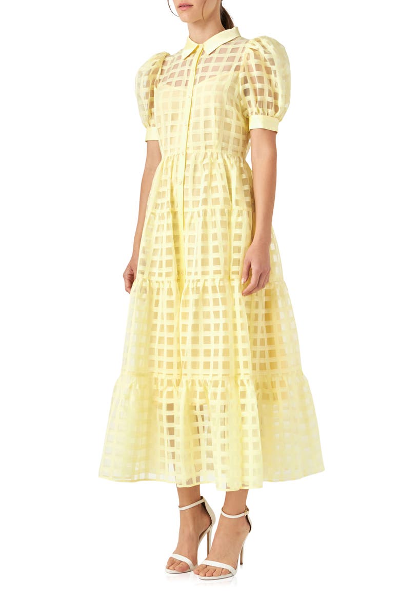 Grid Pattern Tiered Midi Shirtdress, Alternate, color, LIGHT YELLOW
