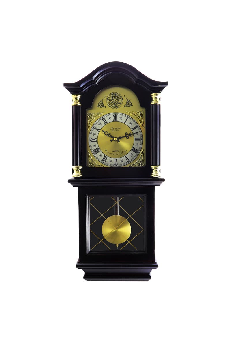 Bedford Clock Collection Classic 26in Pendulum Wall Clock with Oak Finish, Alternate, color, Dark Brown