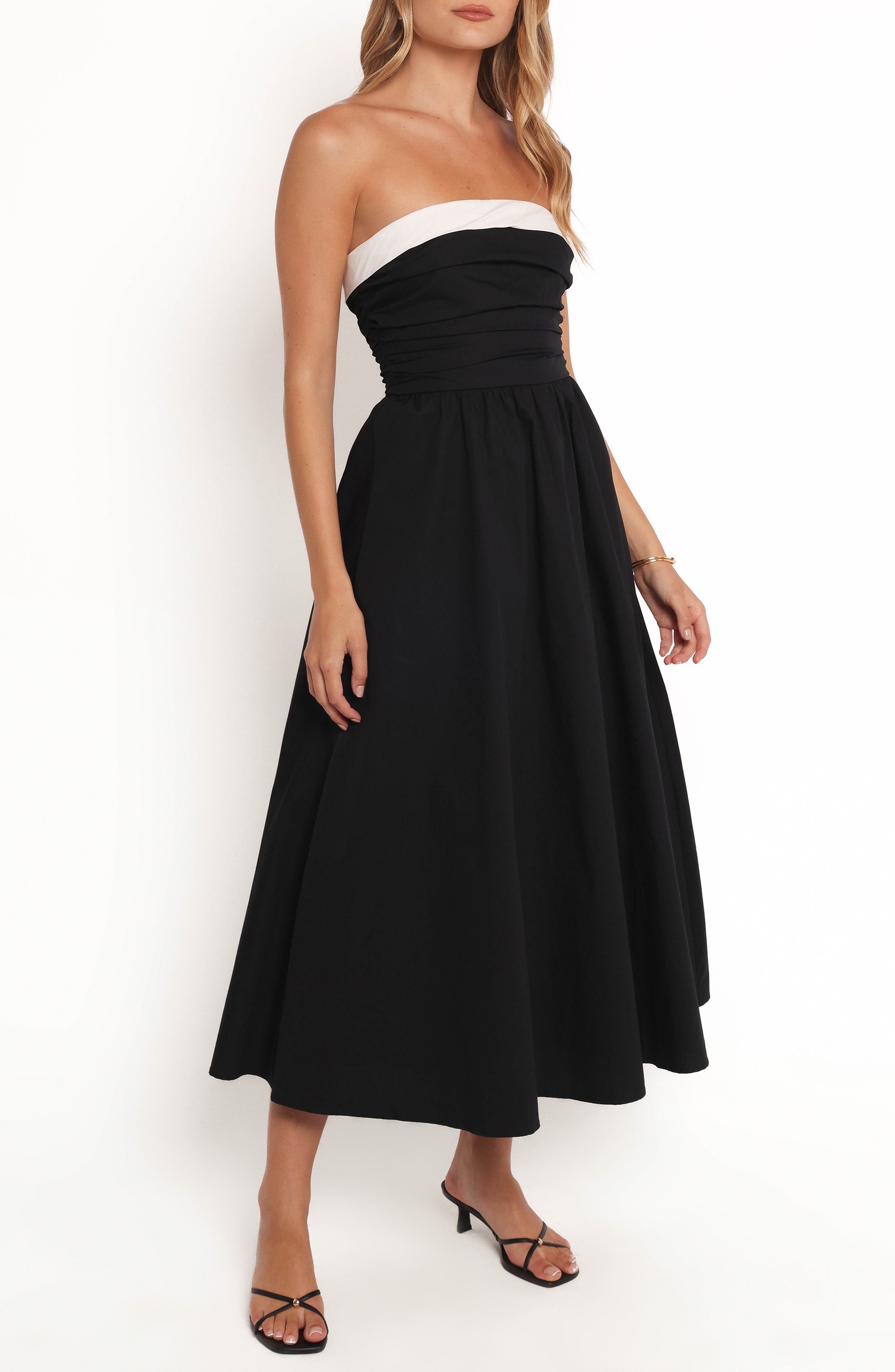 Petal & Pup Marias Strapless Cotton Midi Dress in Black at Nordstrom, Size Small
