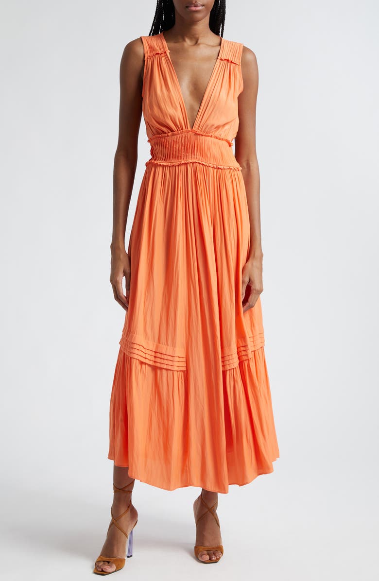 Ramy Brook Dierdre Pleated Sleeveless Plunge Neck Dress, Main, color, Tropic Orange