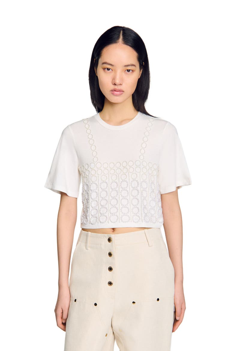 Beaded cropped T-shirt, Alternate, color, White