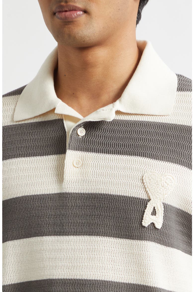 Ami de Coeur Monogram Stripe Openwork Cotton Polo, Alternate, color, BLANC CREME/ CARBONE