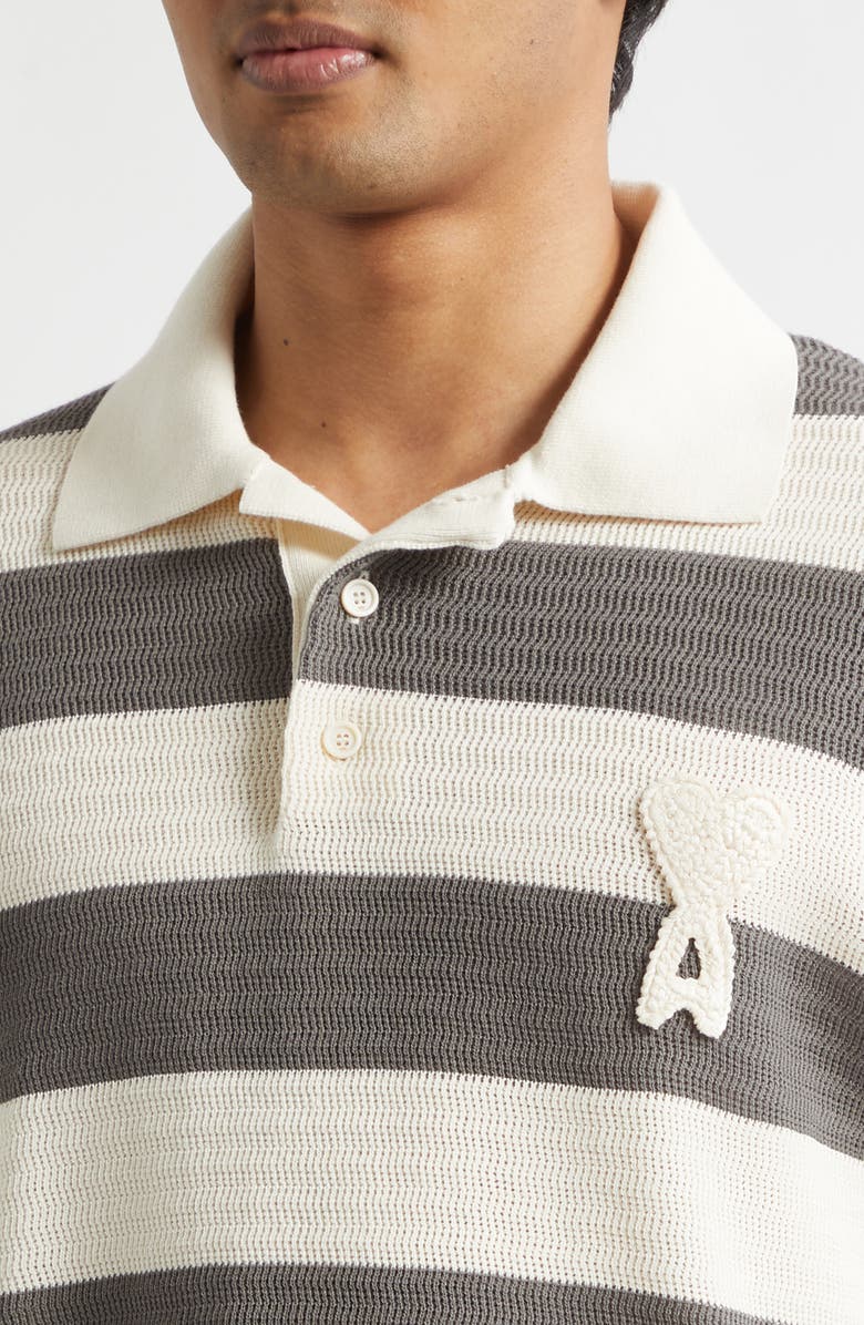 AMI PARIS Ami de Coeur Monogram Stripe Openwork Cotton Polo, Alternate, color, Blanc Creme/ Carbone