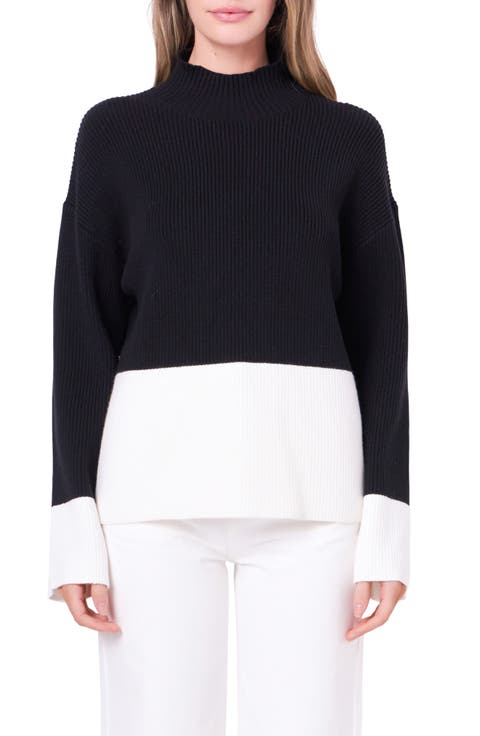Colorblock Mock Neck Rib Sweater