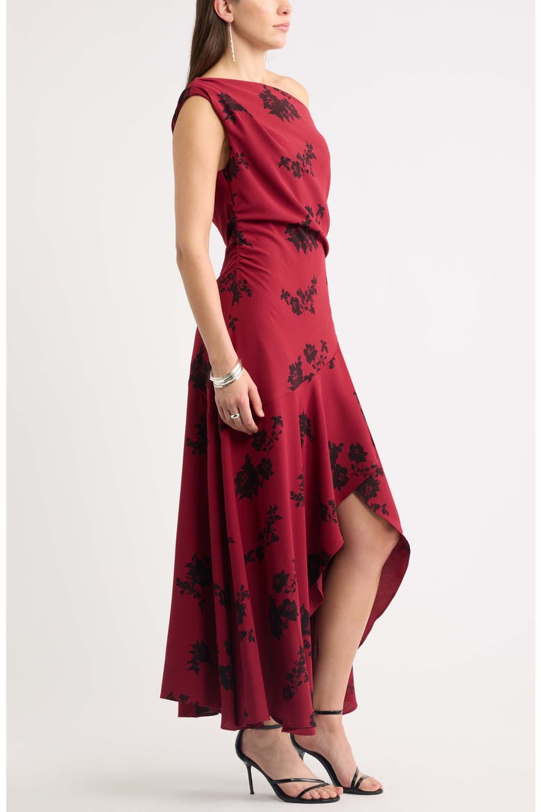 Cascading Ruffle Crepe One-Shoulder Gown, Alternate, color, RED BROWN BRITNEY FLORAL