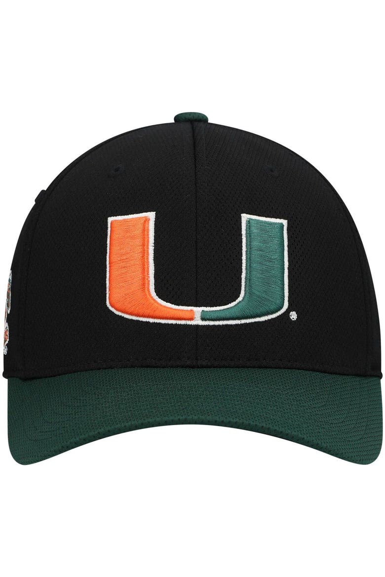 Men's Top of the World Black/Green Miami Hurricanes Two-Tone Reflex Hybrid Tech Flex Hat, Alternate, color, Black