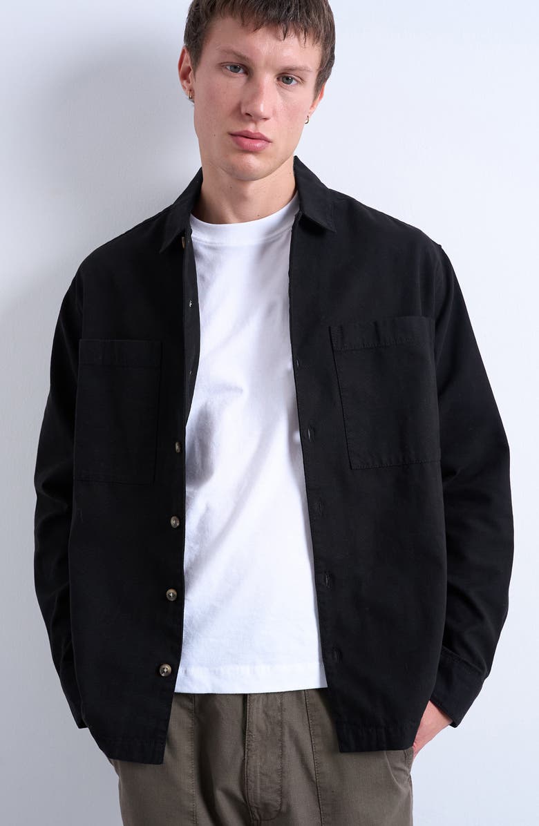 Topman Camp Collar Cotton Button-Up Overshir, Main, color, Black