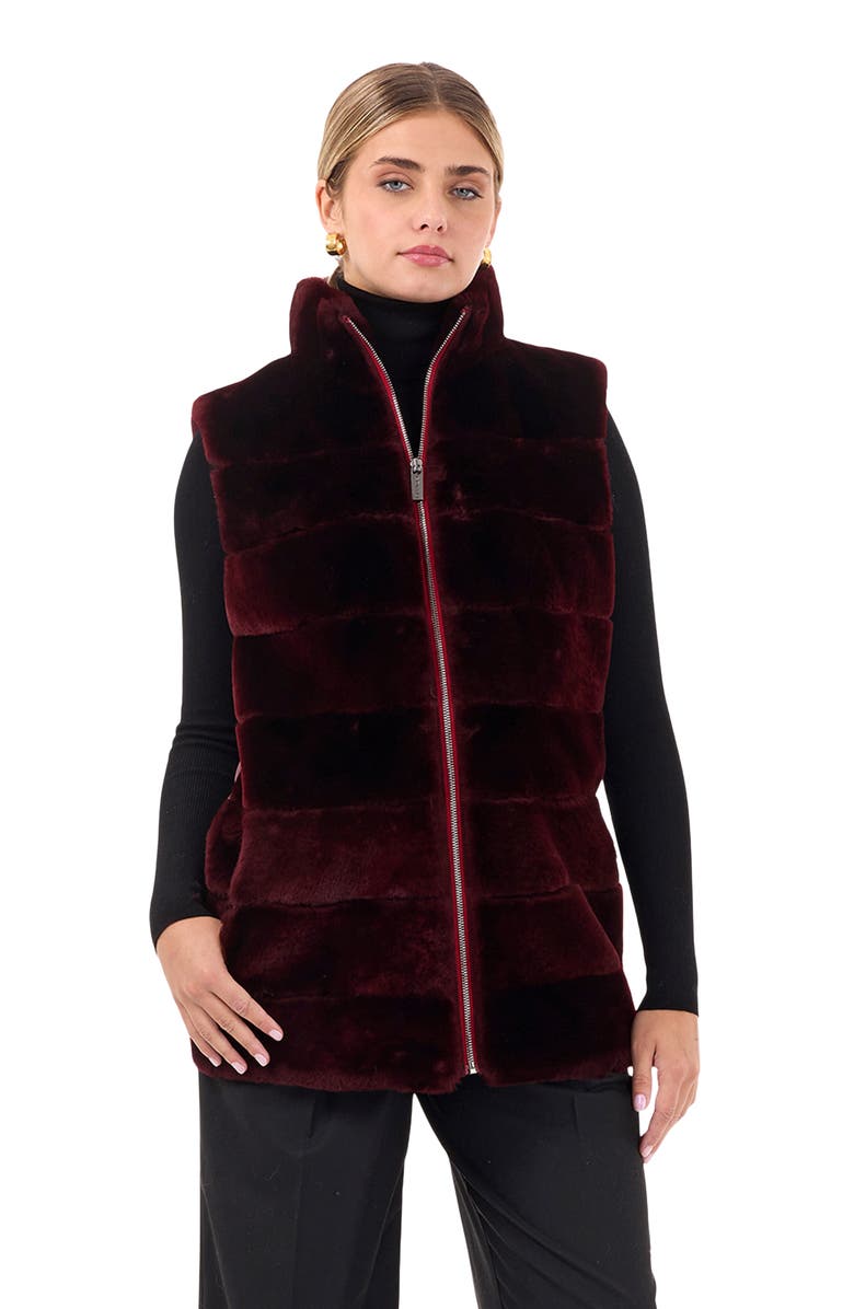 GORSKI Horizontal Shearling Lamb Zip Vest With Quilted Back, Main, color, Burgundy/Burgundy