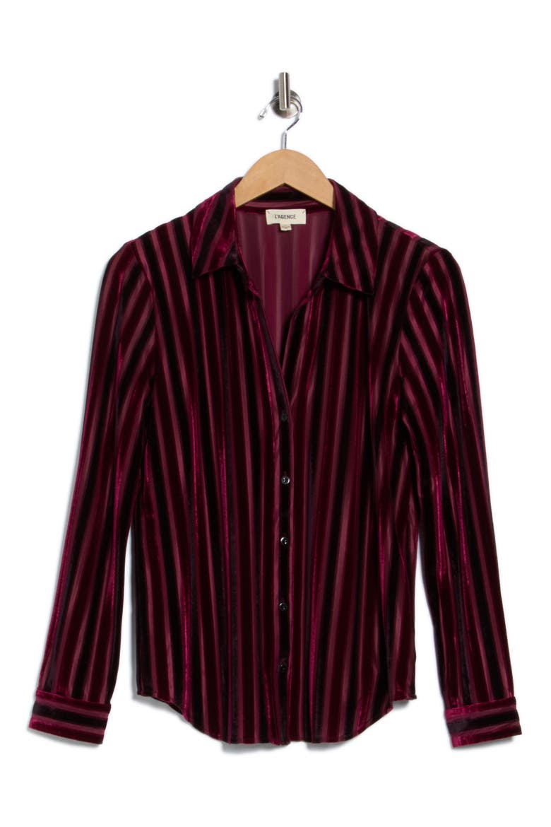 Laurent Velvet Stripe Button-Up Blouse, Alternate, color, DEEP BURGUNDY/BLACK STRIPE