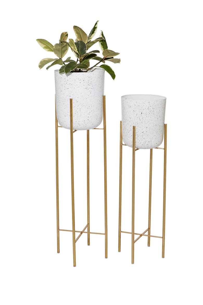 White Metal Indoor & Outdoor Speckled Planter with Removable Stand - Set of 2, Main, color, MULTI
