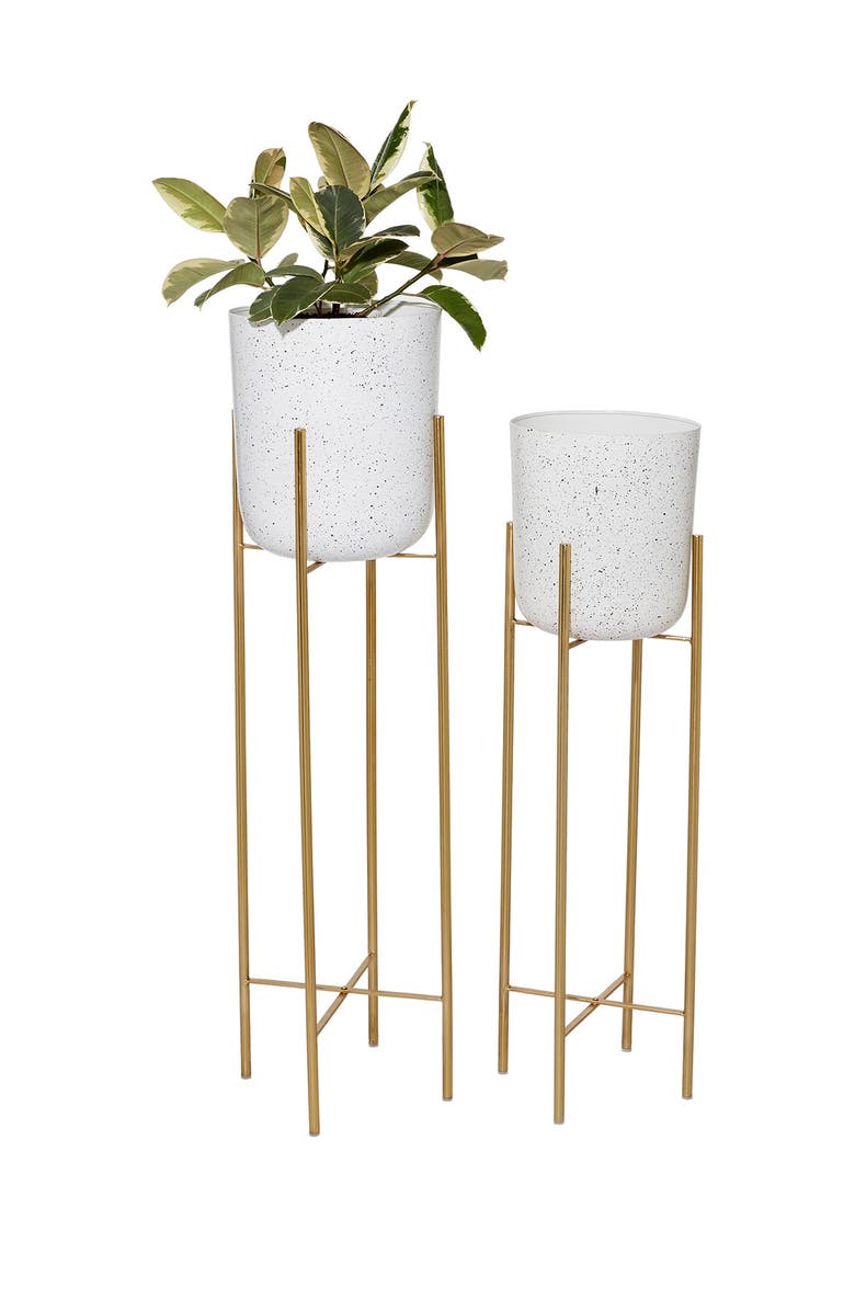 VIVIAN LUNE HOME White Metal Indoor & Outdoor Speckled Planter with Removable Stand - Set of 2, Main, color, Multi