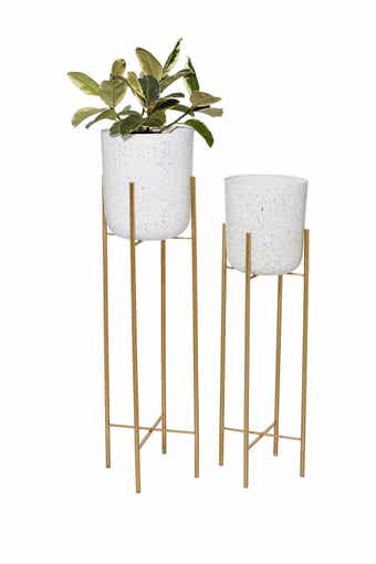 VIVIAN LUNE HOME White Metal Indoor & Outdoor Speckled Planter with Removable Stand - Set of 2