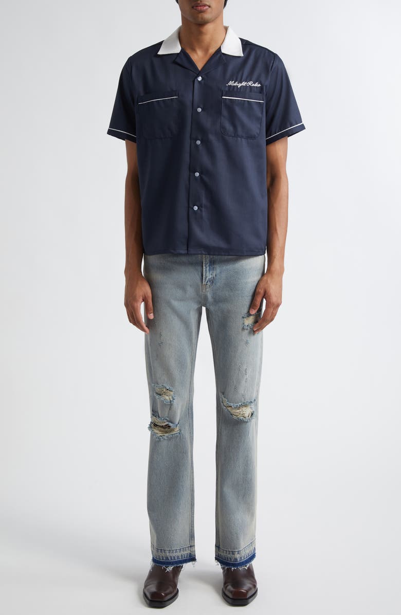 MIDNIGHT RODEO Chain Stitch Piped Voile Camp Shirt, Alternate, color, Navy