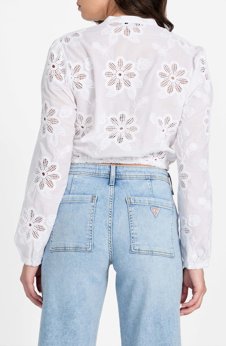 GUESS Hazel Floral Embroidered Long Sleeve Tie Front Top, Alternate, color, Pure White