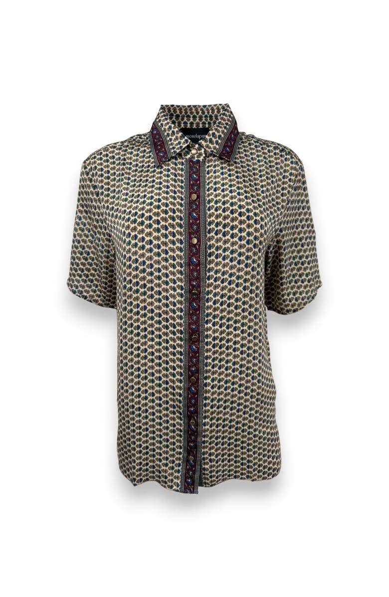 Monzlapur Embossed Botanical Short Sleeve Crepe Shirt, Main, color, Forest Plum