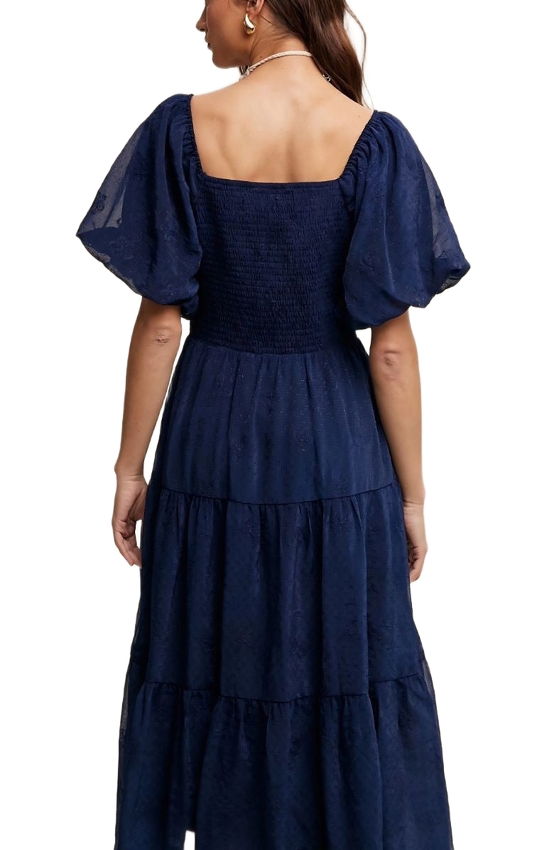 Knit and Lounge Puff Sleeve Tiered Ruffle Lace Maxi Dress, Alternate, color, Navy