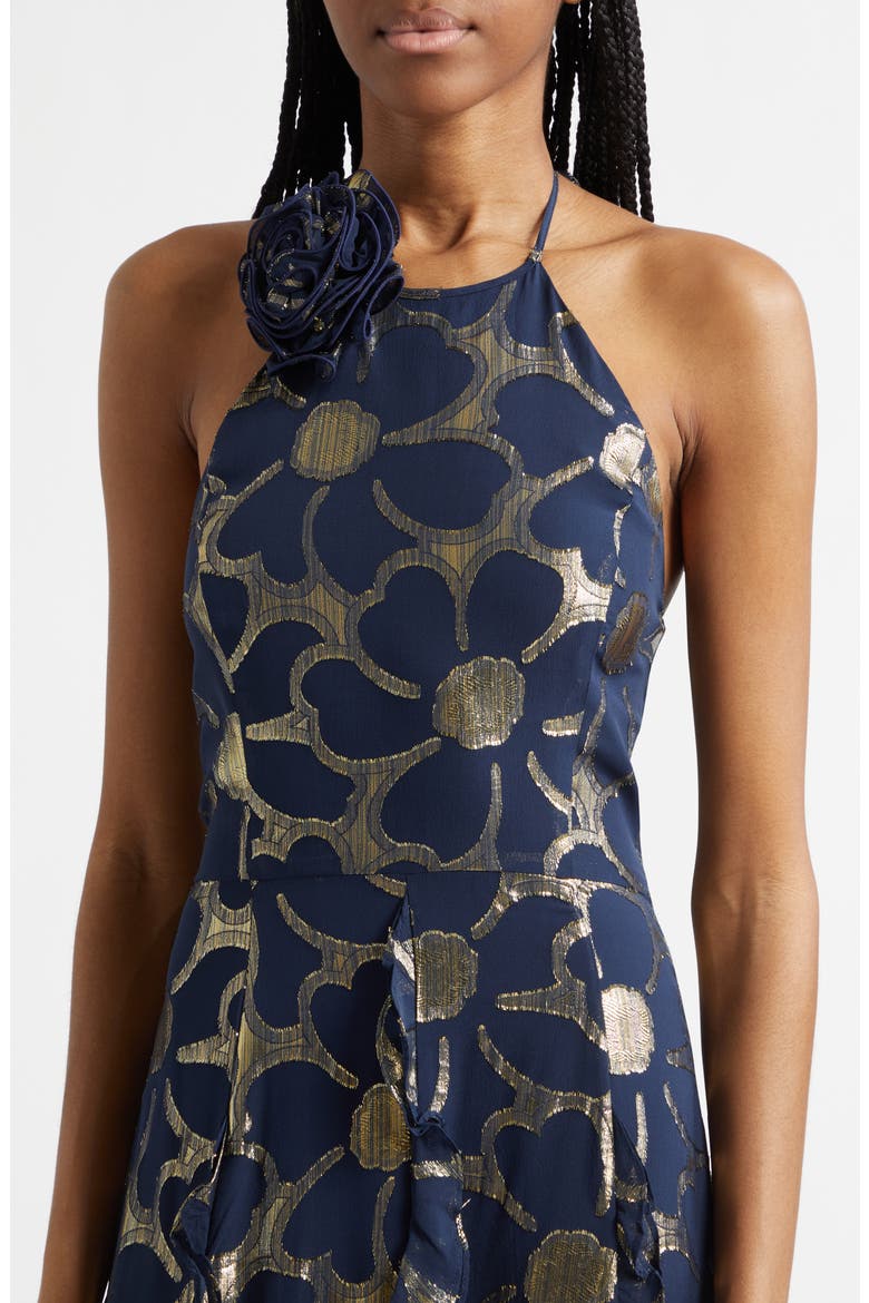 Idella Daisy Metallic Ruffle Halter Gown, Alternate, color, NAVY JACQUARD