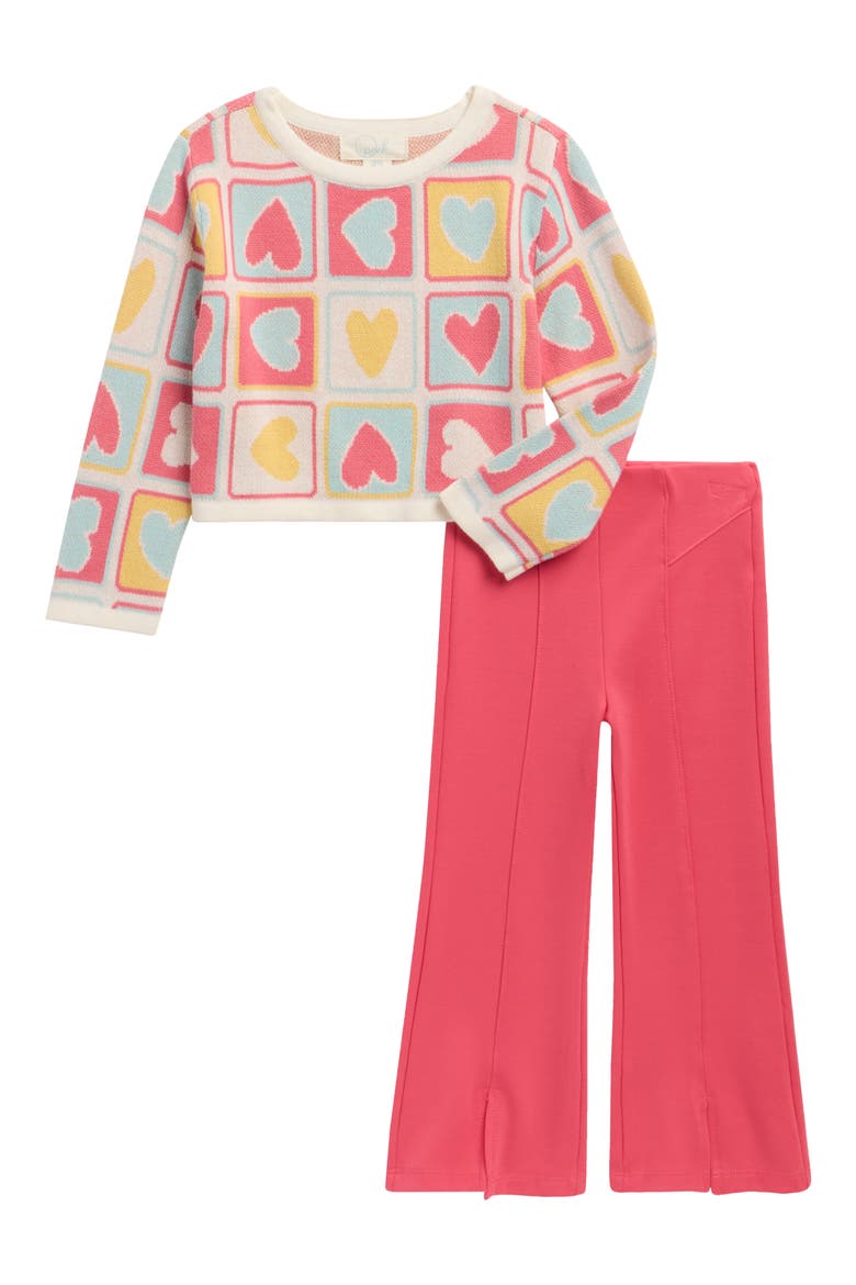 Kids' Heart Grid Sweater & Flare Pants Set, Main, color, RED MULTI