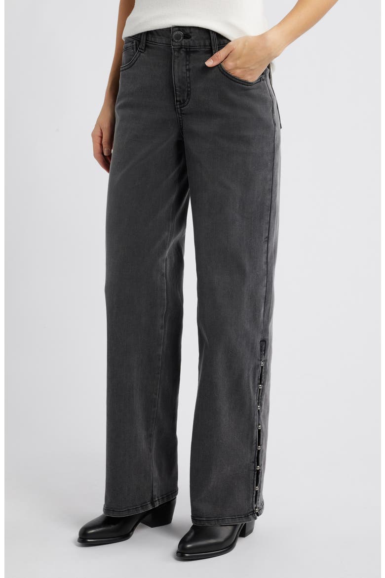 Sam High Waist Faux Pearl Detail Wide Leg Jeans, Main, color, BLACK