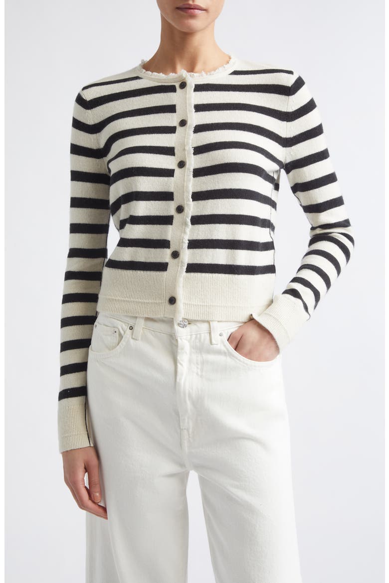 Fringe Trim Stripe Cashmere & Organic Cotton Cardigan, Main, color, IVORY/ BLACK STRIPE