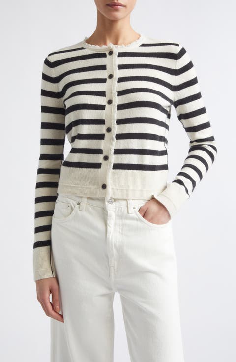 Fringe Trim Stripe Cashmere & Organic Cotton Cardigan