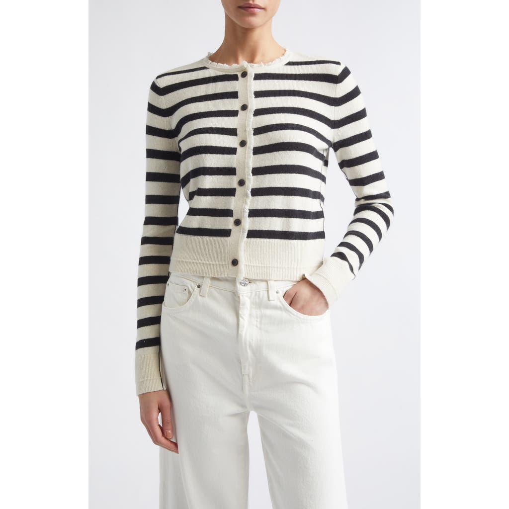 Maria McManus Fringe Trim Stripe Cashmere & Organic Cotton Cardigan in Ivory/black Stripe at Nordstrom, Size Medium
