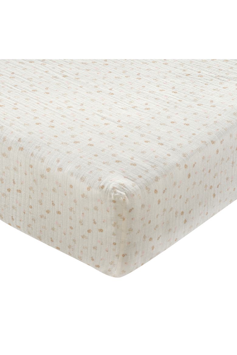 Signature 100% Organic Cotton Muslin Floral Fitted Crib Sheet, Main, color, White