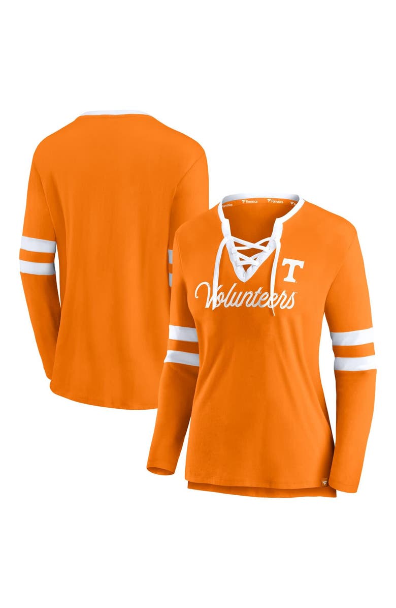 FANATICS Women's Fanatics Tennessee Orange Tennessee Volunteers Block Party Script Lace-Up V-Neck Long Sleeve T-Shirt, Main, color,