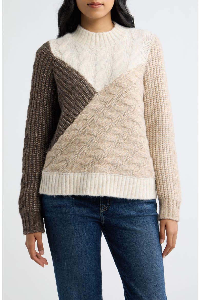 Colorblock Patchwork Cable Stitch Sweater, Main, color, TAUPE