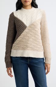 CITY BLUES Colorblock Patchwork Cable Stitch Sweater