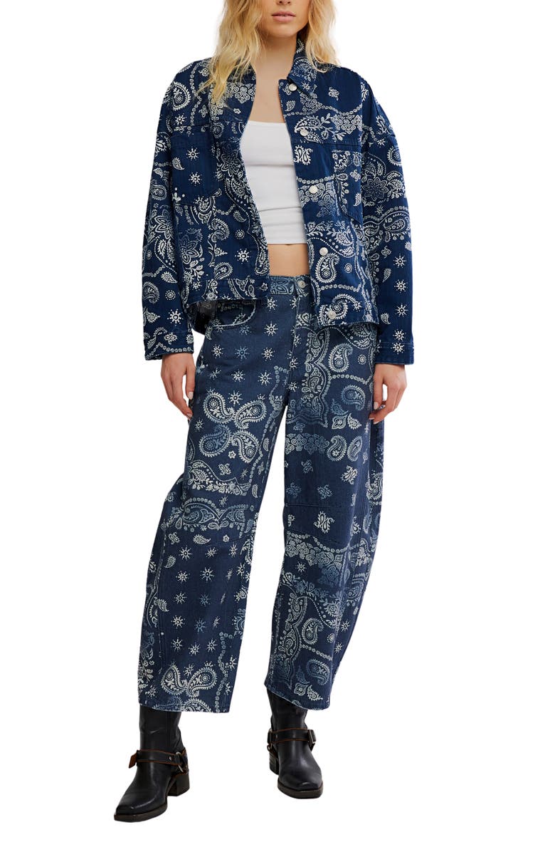 Free People Print Barrel Leg Jeans, Alternate, color, Navy Bandana