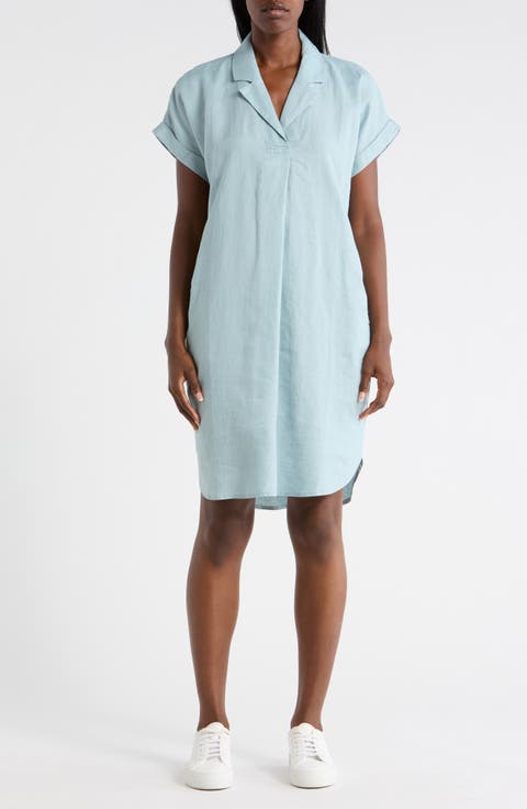 Notch Collar Linen Shirt Dress