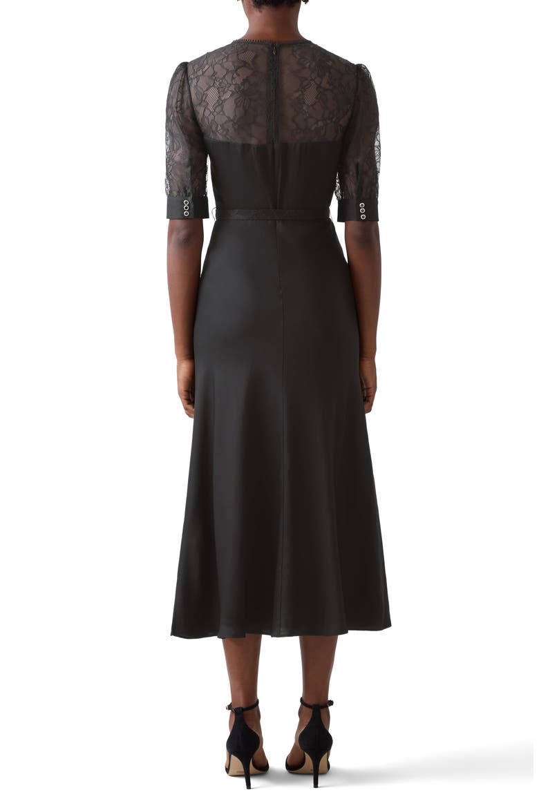 Madalena Belted Matte Satin Midi Dress, Alternate, color, BLACK