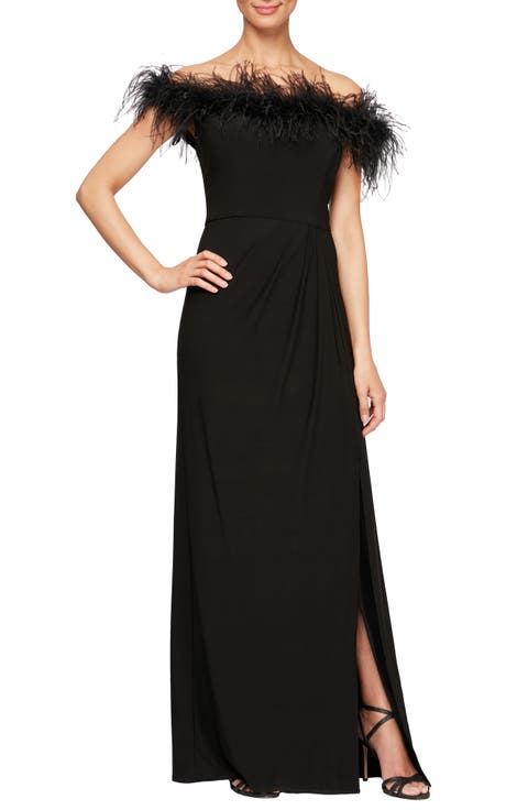 Feather Trimmed Off the Shoulder Gown