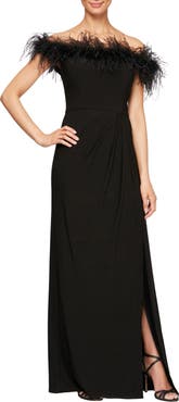 Alex Evenings Feather Trimmed Off the Shoulder Gown