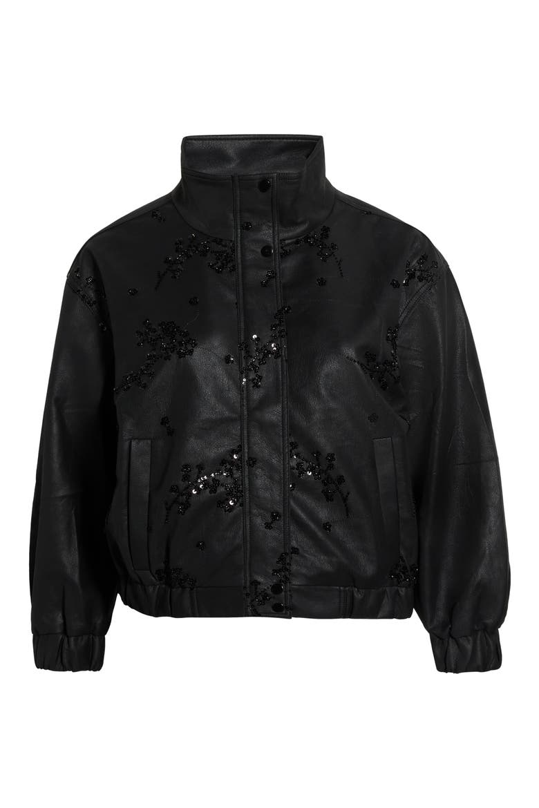 Sequin Floral Faux Leather Bomber Jacket, Main, color, RICH BLACK