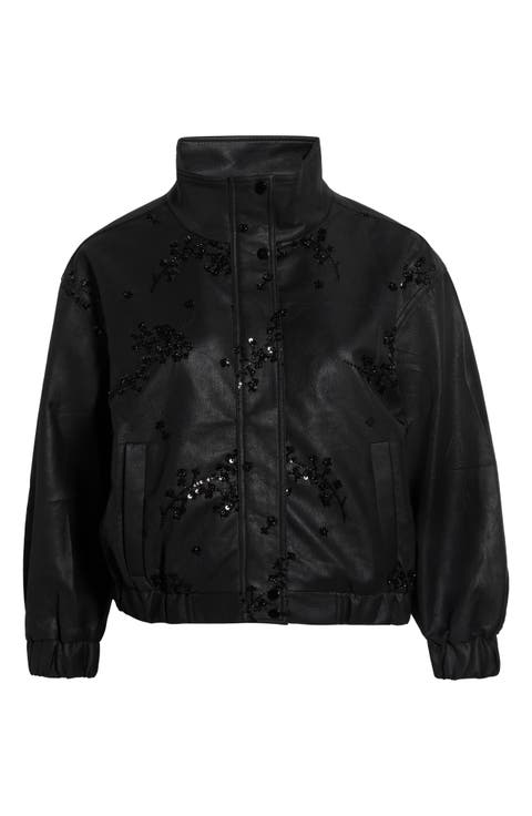 Sequin Floral Faux Leather Bomber Jacket