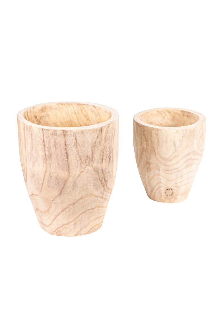 Round Paulownia Wood Planters, Natural, Set of 2, Main, color, Natural