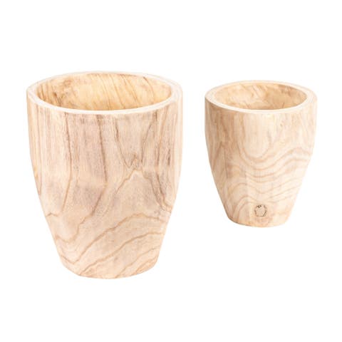 Round Paulownia Wood Planters, Natural, Set of 2