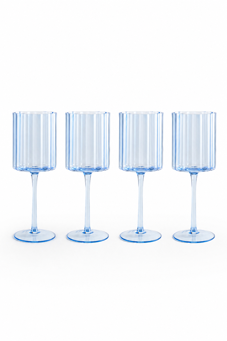 Scalloped Rim Fluted Wine Glass, Set of 4, 12oz, Blue, Main, color, Light blue