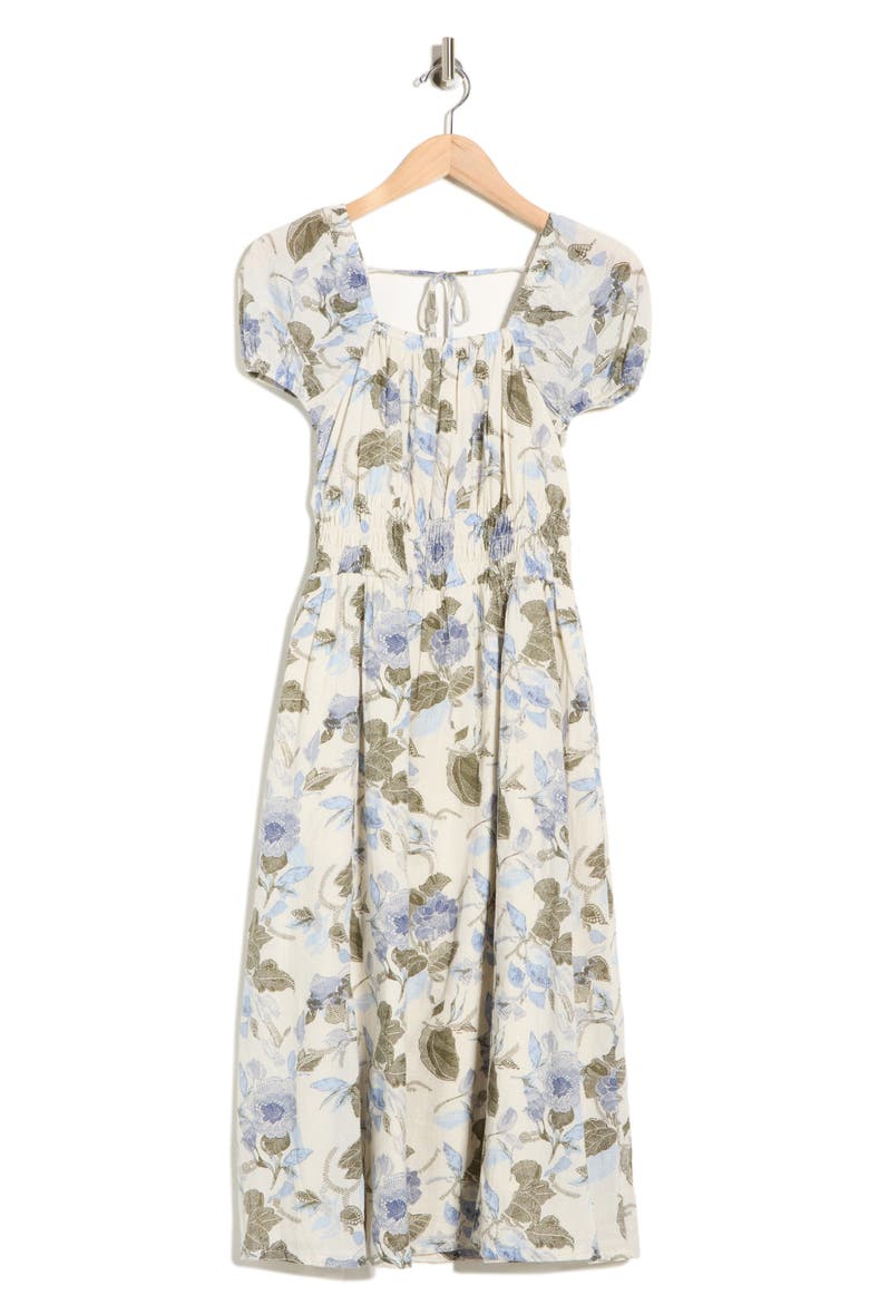 Puff Sleeve Midi Dress, Alternate, color, IVORY- OLIVE JACOBEAN BLOOM