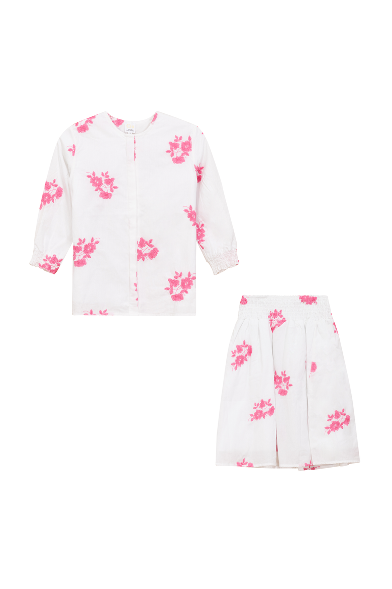 Flower Embroidered Cotton 2 Piece Long Sleeve Top and Skirt Set, Main, color, Pink