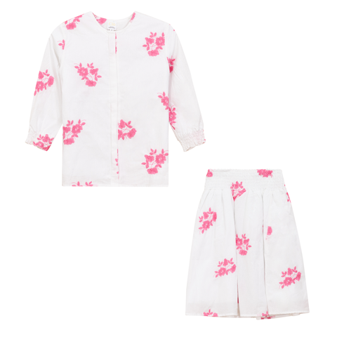 Flower Embroidered Cotton 2 Piece Long Sleeve Top and Skirt Set (Little Kid & Big Kid)